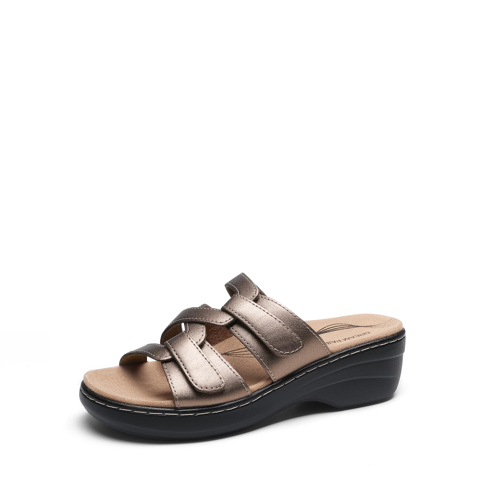 DREAM PAIRS Women's Arch Support Slide Sandals Adjustable Straps Slip On Wedge Sandals Casual Comfort Lightweight Flat Slides,Size 10,Bronze,DWUMSS2530 Image