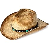 Comhats Western Style Round Cowboy Straw Hat Ladies Fedora Chin Cord Vegan Leather Band Shapeable Brim Beach Cowgirl