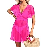 Pinup Fashion Swimsuit Coverup Women Sheer Smocked Wasit Mesh Beach Cover Dress