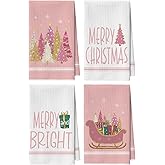 Artoid Mode Pink Xmas Tree Star Sledge Christmas Bar Kitchen Towels, 12x24 Inch Quick Dry Microfiber Cloth Dish Towels for Kitchen Drying Set of 4