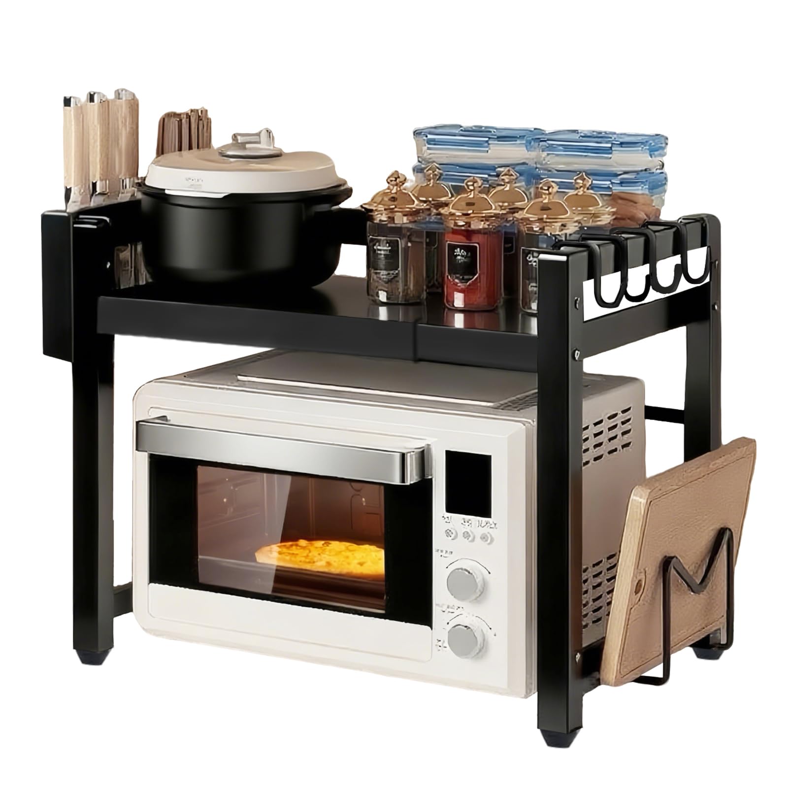 Photo 1 of Adjustable Microwave Oven Rack, Microwave Stand Shelf Heavy Duty 2-Tier Shelf with Cutting Boards Stand Knife Rack and Chopstick Holder for Kitchen Shelves Counter Top Organizer, Holds 55lbs,6 Hooks