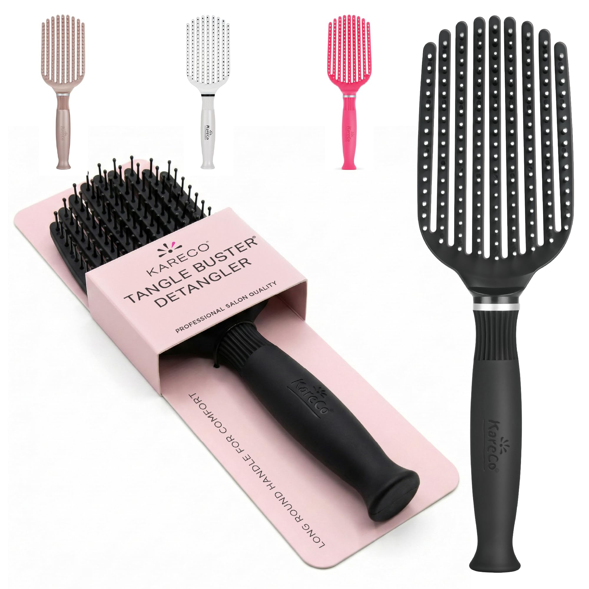 KareCo Tangle Buster Brush For Sensitive Scalps, Gently Massages & Eliminates Knots, Easy Glide Brushing Bristles With Curve For Wet & Dry Hair - Black