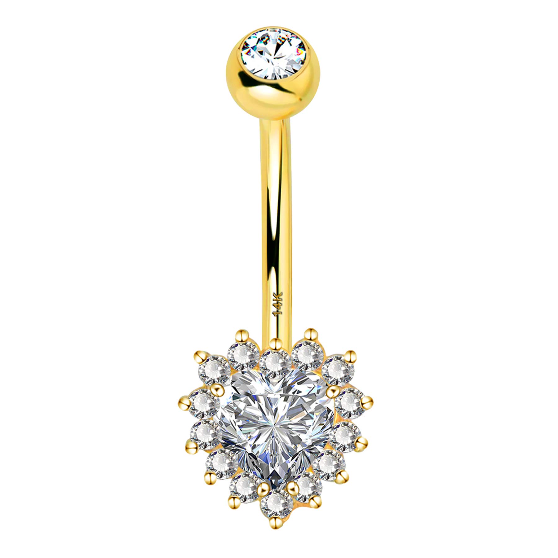 Melighting Belly Bars 14K Solid Gold Heart Clear Cubic Zirconia Center Belly Button Rings 14G Navel Bars Clear CZ Paved Belly Button Piercing Navel Ring Body Piercing Jewellery