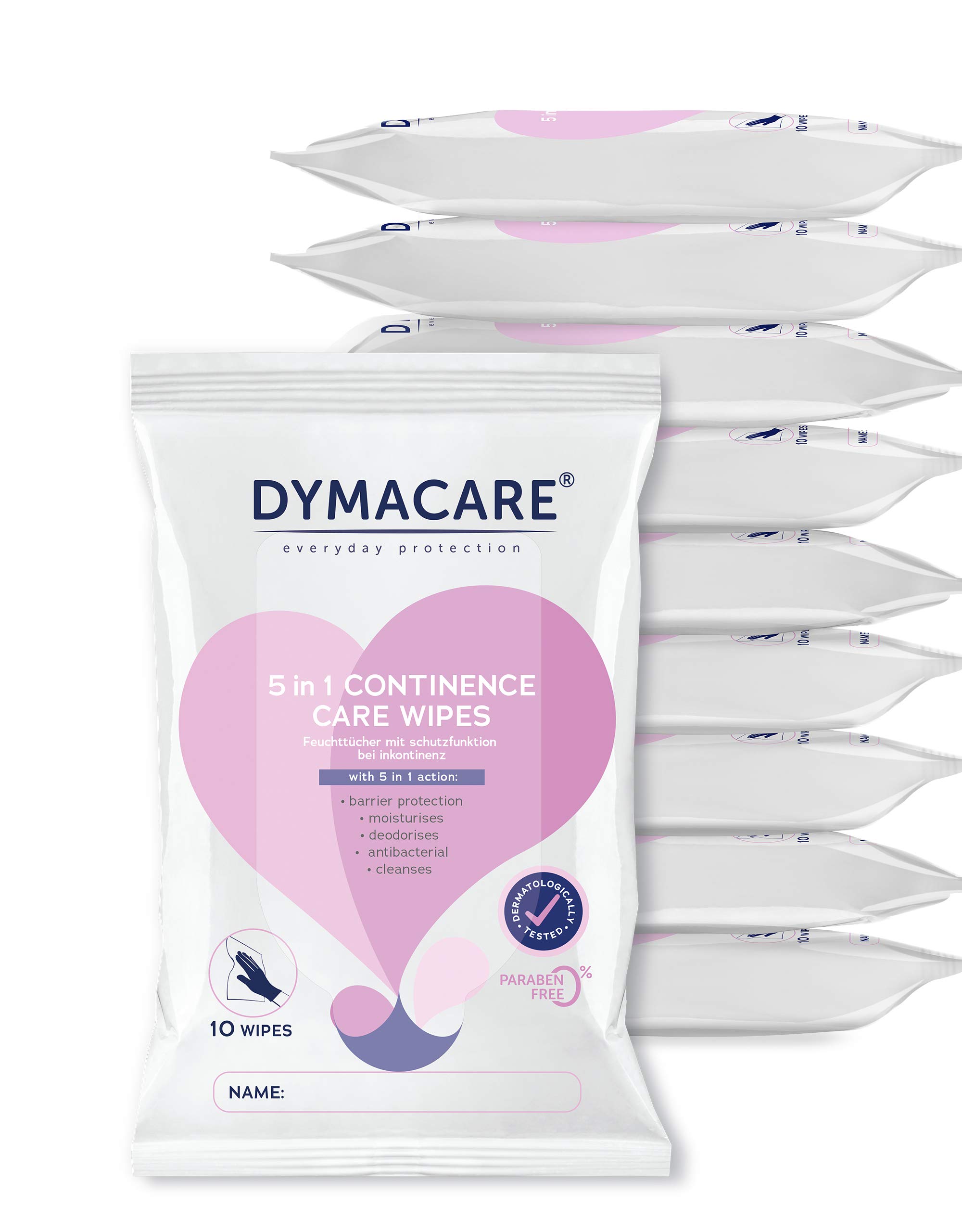 DYMACARE 5 in 1 Continence Care Wipes | Adult Scented Premium Disposable Incontinence Cloths | Skin Cleansing Wipes with Barrier Protection | 10 Packs (100 Wipes in Total)