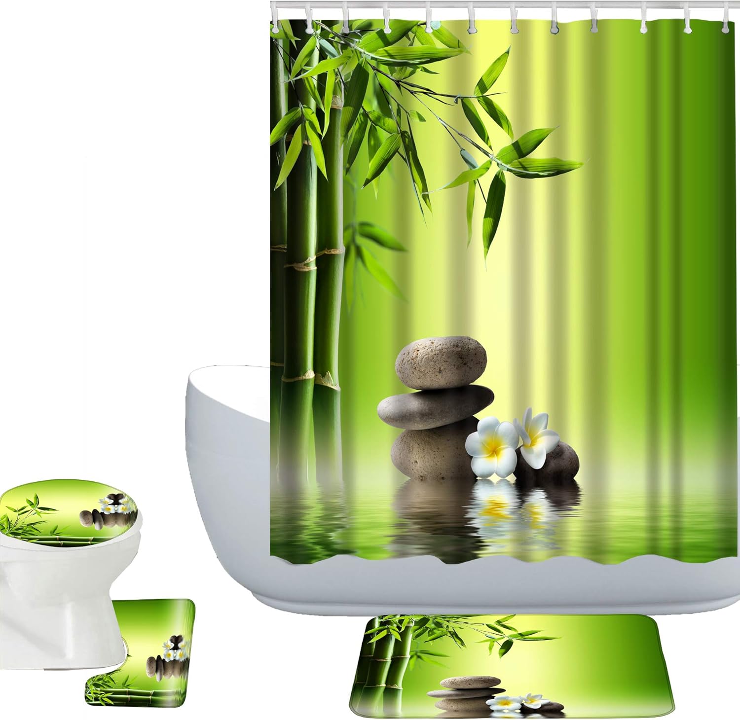 Amazon Com Amagical Bamboo And Stones In Zen Garden Decor 16 Piece Bathroom Mat Set Shower Curtain Set Green Bath Mat Contour Mat Toilet Cover Shower Curtain 12 Hooks Home Kitchen