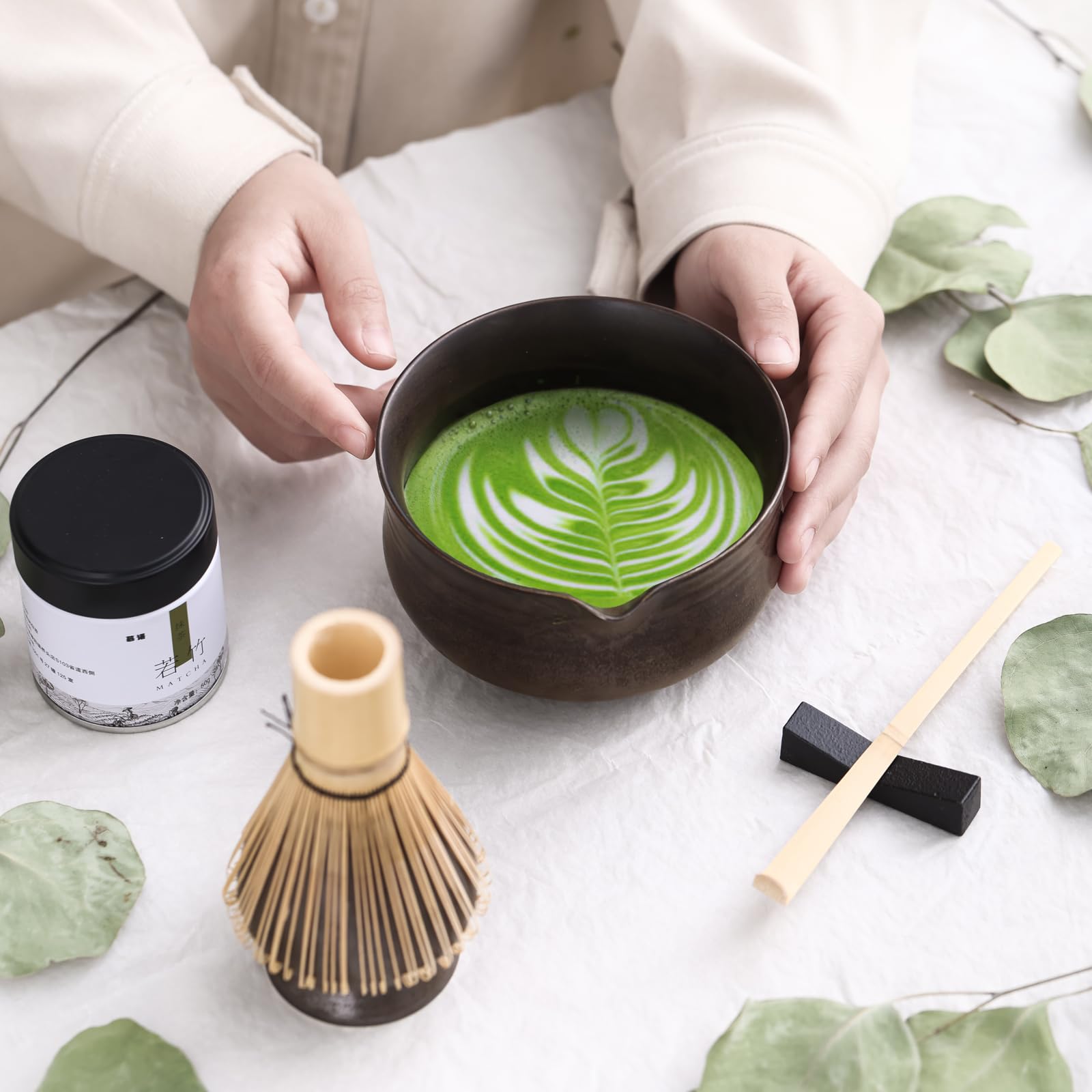 Ochcahser Matcha Set, Japanese Tea Set Includes Matcha Bowl with Spout, Matcha Whisk Holder (chasen), Bamboo Matcha Whisk and Bamboo Scoop, Ceramic Matcha Kit for Tea Lovers