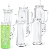 20 Oz 6 Pack Acrylic Snowglobe Tumbler With Handle, Snow Globe Cups with Pre Drilled Hole, Double Wall Plastic Cup With Handle for Snow Globe Glitter DIY (Clear)