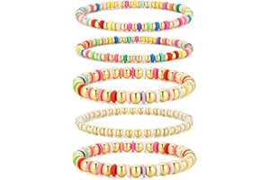 M MOOHAM Gold-Plated Beaded Bracelets for Women Teen Girls Non Tarnish - Dainty 14k-Gold-Plated Pearl Beaded Stretch Bracelet Stack Set for Women Trendy Jewelry Christmas Stocking Teenage Girl Gifts