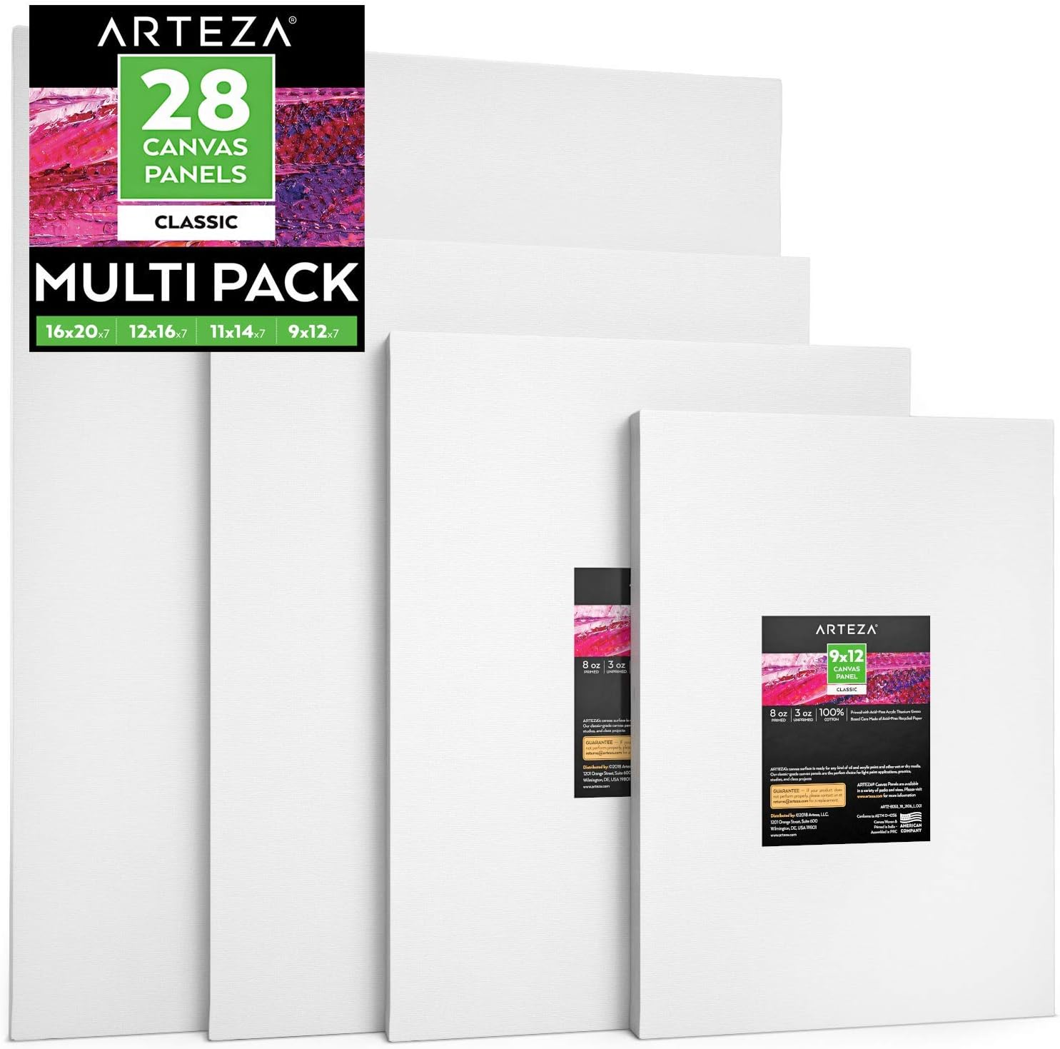 ARTEZA Painting Canvas Panels Multi Pack, 9X12, 11X14, 12X16, 16X20 Set of 28, Primed White, Cotton with Recycled Board Core