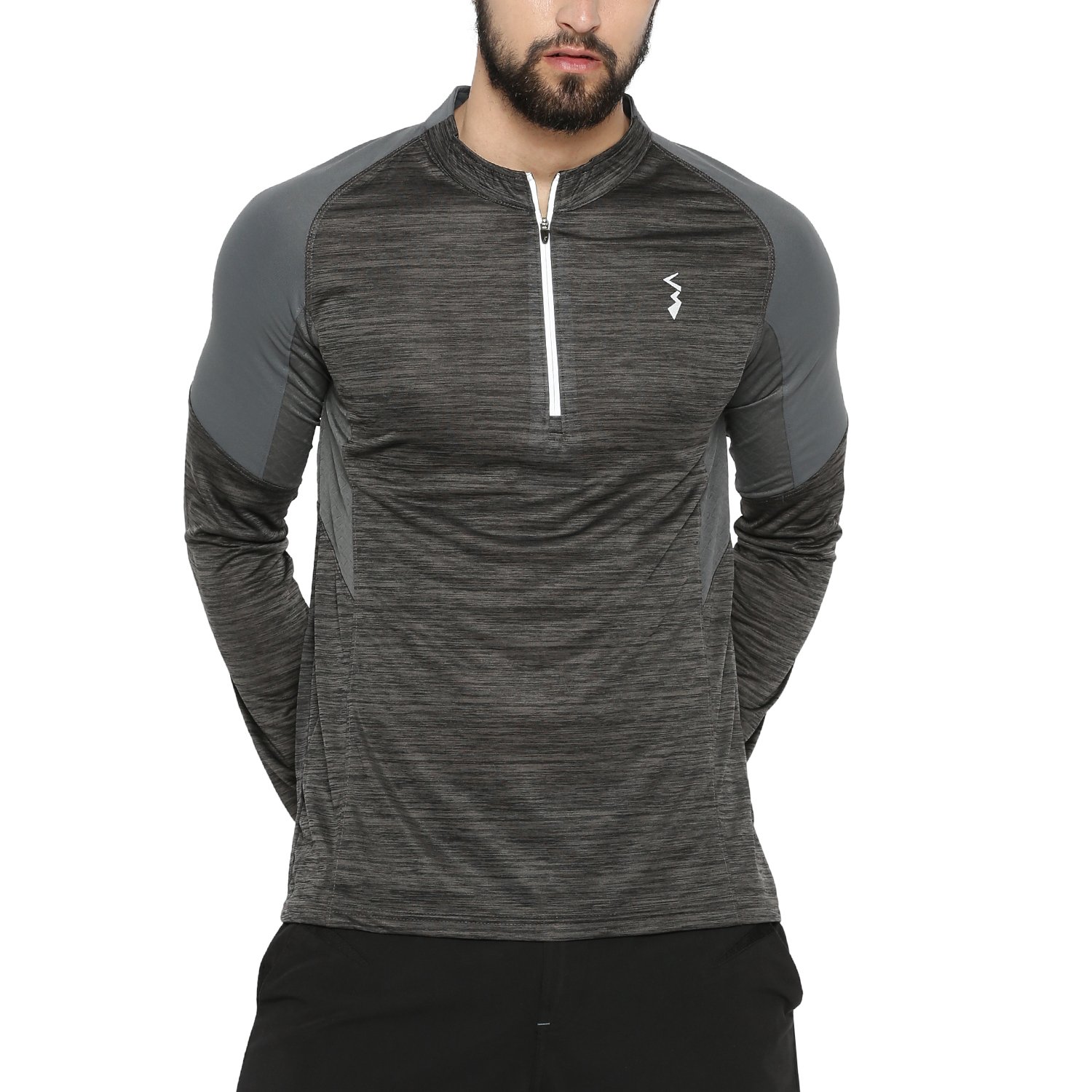 Men Mandarin Collar Grey Sports T-Shirt 