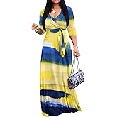 FANDEE Maxi Dress for Women Elegent 3/4 Sleeve V Neck Casual Dresses Classy High Waist Wedding Guest Lomg Dress