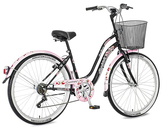 breluxx 26 Zoll Damenfahrrad Venera Fashion Cherry Bloosom Black Citybike Korb + Licht Retro Damenrad, 6 Gang