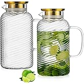Buaic 2 PACK Glass Pitcher with Lid, 68 oz/ 2 Liter Spiral Pattern Water Pitcher,Glass Water Carafe for Cold Brew, Coffee, Lemonade, Iced Sun Tea,Beverage, Milk, Heat Resistant