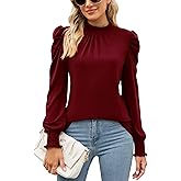 LUYAA Puff Long Sleeve Shirts for Women Tops Dressy Casual Frill Mock Neck Smocked Cuffs Blouses