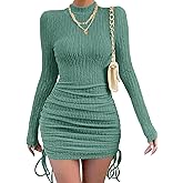 MITILLY Formal Long Sleeve Dress for Women Fall Eleagnt Bodycon Ruched Drawstring Cocktail Mini Dresses