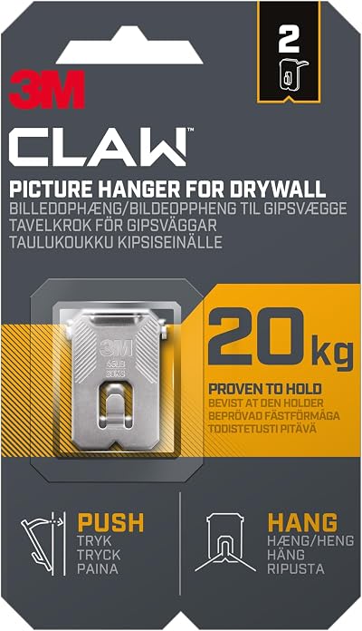 3M CLAW Picture Hooks Heavy Duty Drywall Hangers 20kg Max Weight 2 Pack No Tools
