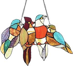 COTOSS Tiffany Stained Glass Window Hangings, 4 Birds on a Wire Stained Glass, Stained Glass Panels, Handcrafted Home D&eacute;cor, Window Treatments, Art Glass Panel