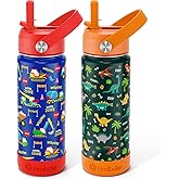 Fimibuke Kids Insulated Water Bottle, 18oz BPA FREE Kids Cups with Straw Double Wall Vacuum Tumbler 18/8 Stainless Steel Leak Proof Toddler Water Bottle for School Boys Girls (2 Pack, Dinosaur/Truck)