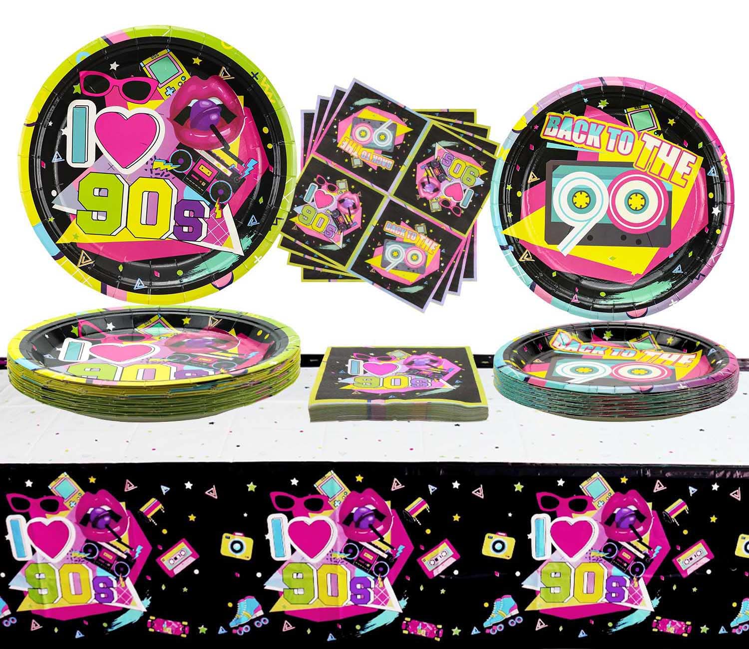 Hegbolke 90s Party Supplies - 122 Pcs 90s Plates Napkins Tablecloth Set, for Back to the 90s Party Decorations, 90s Theme Birthday Party Supplies - Serves 40