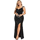 Ever-Pretty Plus Women's Prom Dress V Neck Bodycon Glitter Slit Sleeveless Plus Size Evening Gown Wedding Guest Dresses
