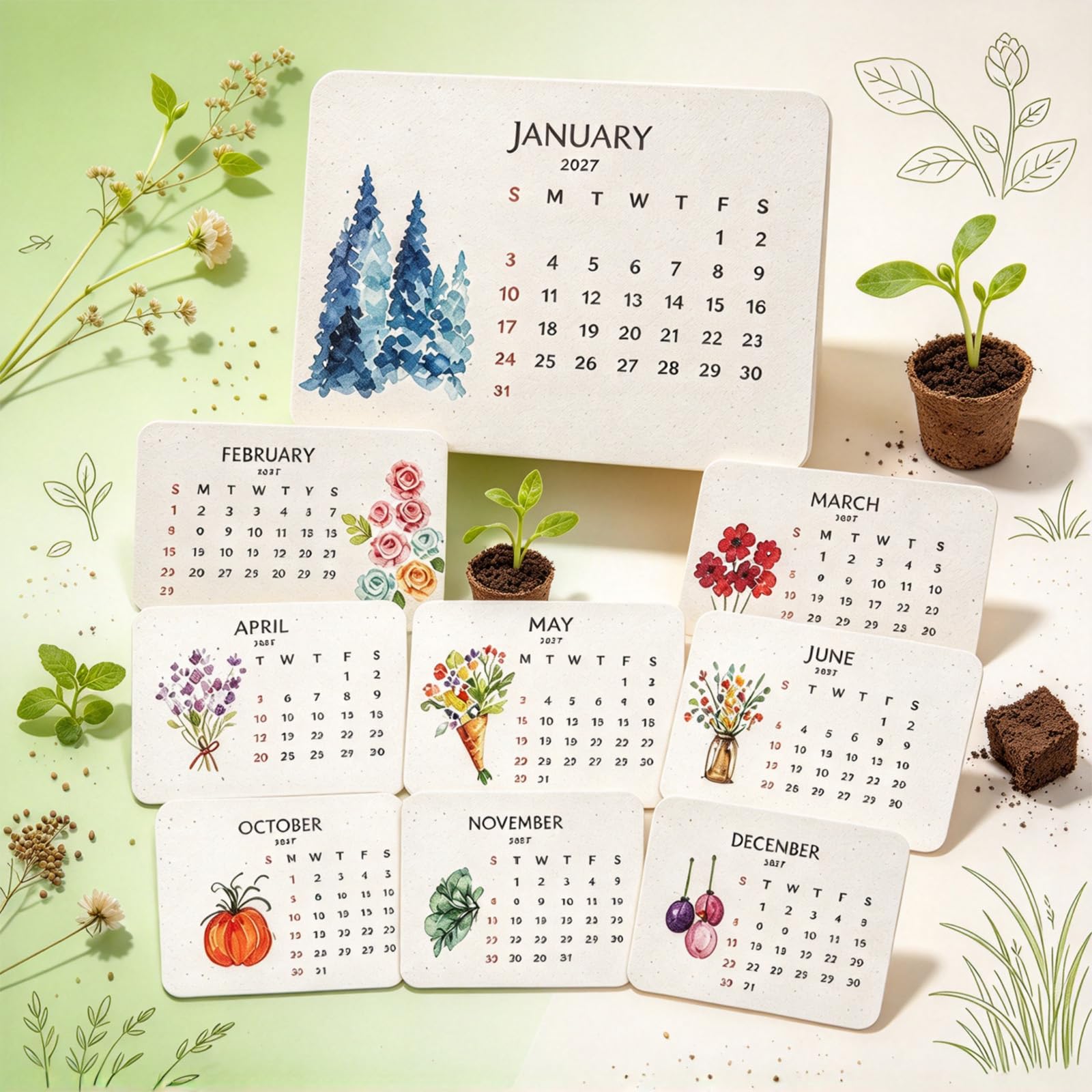 Plantable Seed Calendar 2027 – 12-Month Wildflower Seed Paper Desk Planner | with Stand, Eco-Friendly Biodegradable Herb & Fr
