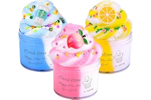 DREUNSTO 3 Pack Cloud Slime Kit, with Pink Peachs, Yellow Lemon and Blue Latte Cute Charms Cloud Slime, Educational Fidget Slime Toys for Kids, Birthday Gifts Party Favors for Girls Boys