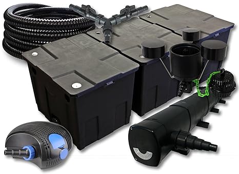 SunSun Filter Set für 90000l Teich mit 72W Teichklärer und 100W ECO Pumpe 25m Schlauch Skimmer