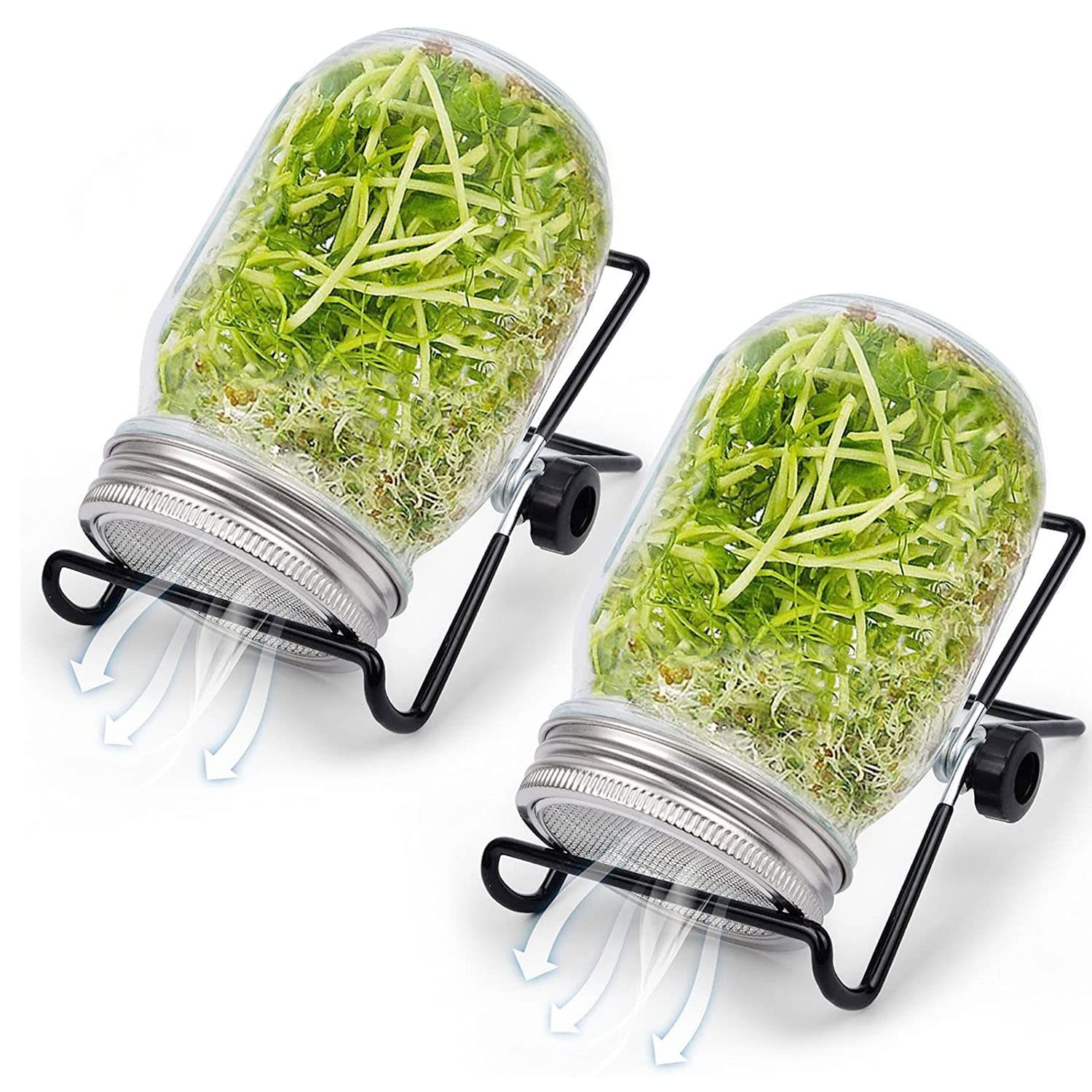Retoteng Sprouting Jar Kit, 2pcs Wide Mouth Quart Mason Jars with Stainless Steel Screen Sprout Lids,with Stand, Seed Sprouts Growing Kit for Broccoli Sprout, Microgreens, Alfalfa, Mung Beans