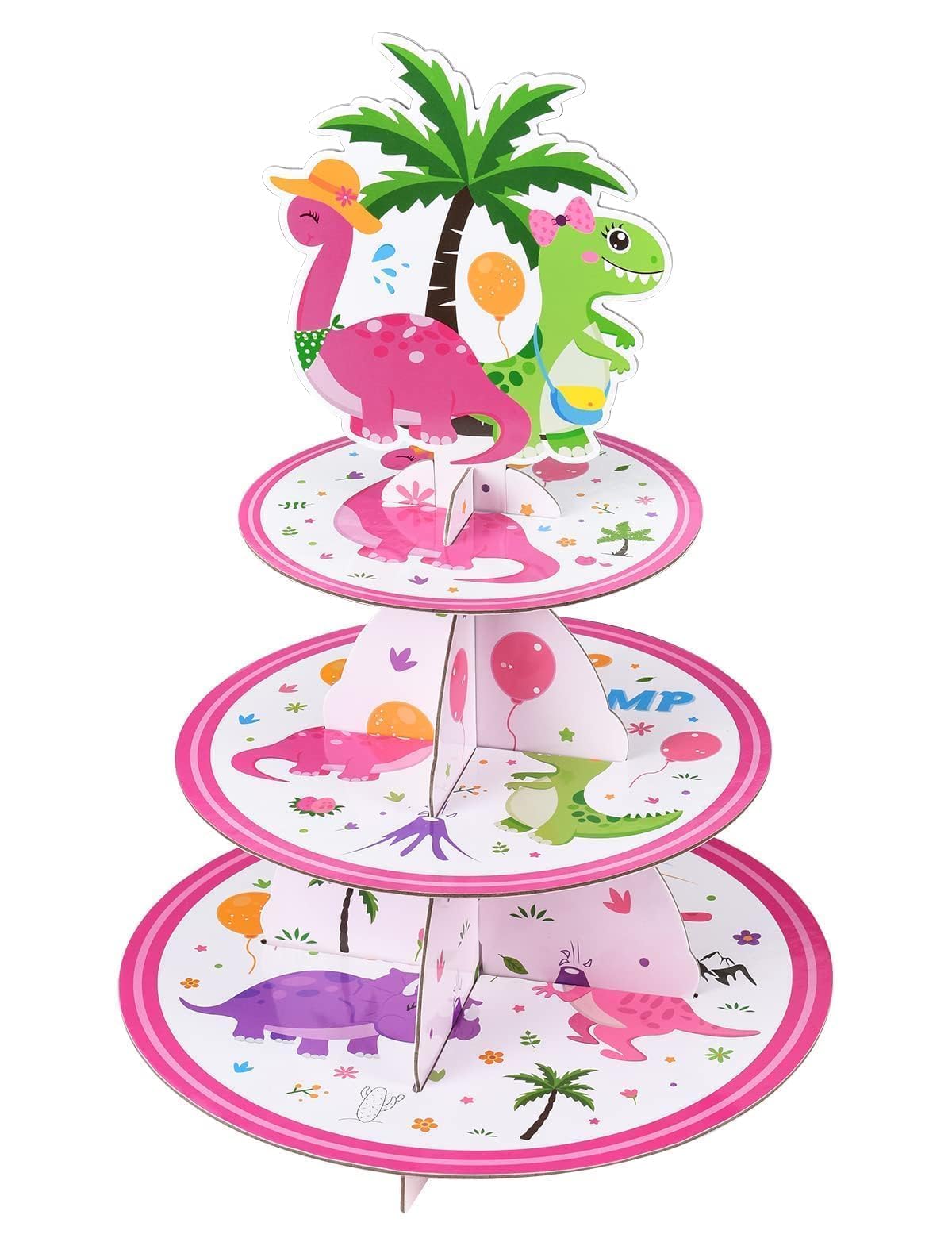 Photo 1 of WERNNSAI Dinosaur Cupcake Stand - 3-Tier Pink Dinosaur Birthday Party Decorations for Girls Cardboard Dino Cupcake Holder Dessert Tower Round Serving Tray Cake Stand for Baby Shower Party Supplies