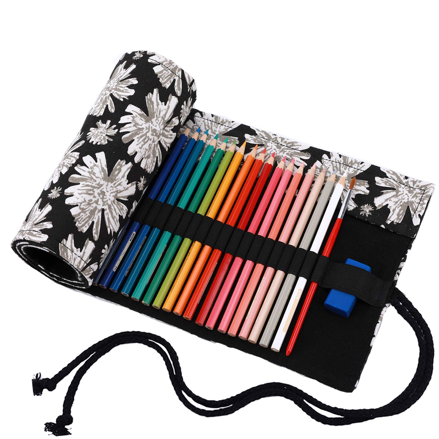 Amoyie Roll Up Pencil Case for 72 Coloured Pencils, Colouring Pens Organiser Bag, Canvas Artist Wrap, Black Flower