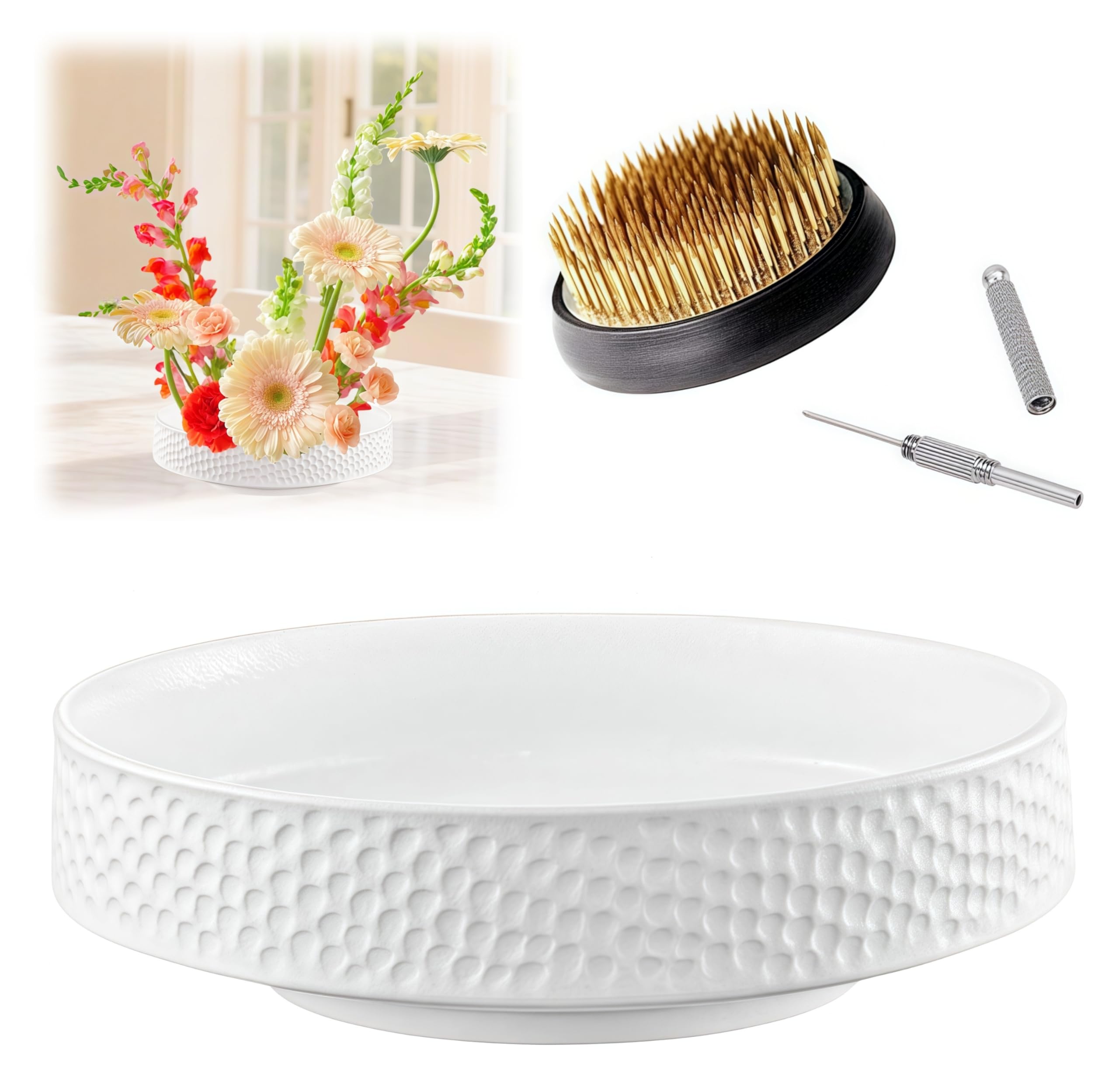 Photo 1 of Japanese Ikebana Kit Floral Frog Japanese Flower Arranging Supplies Flower Container with Needle Straightening Tool & Kenzan - 2.4inch Flower Frog, Bowl Vase (White Hammering Pattern)