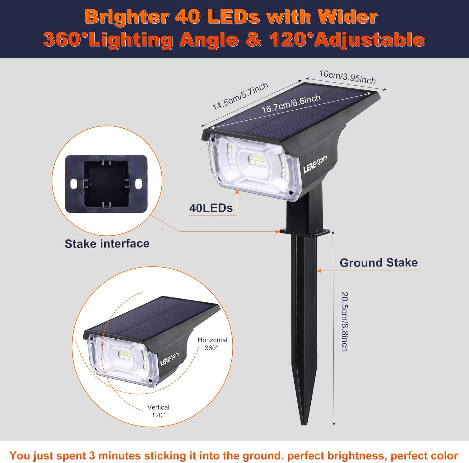 LEREKAM Solar Spot Lights Outdoor, IP65 Waterproof 40 LEDs Solar Landscape Spotlights, USB & Solar Powered Wall Lights Dark Sensing Auto On/Off, 3 Modes Outdoor Solar Garden Lights for Yard Porch 2 Pack - - 