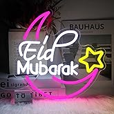 Eid Mubarak Neon Sign Ramadan Mubarak Decorations Islamic Wall Art Moon Star Neon Light Dimmable Muslim LED Signs for Wall Be