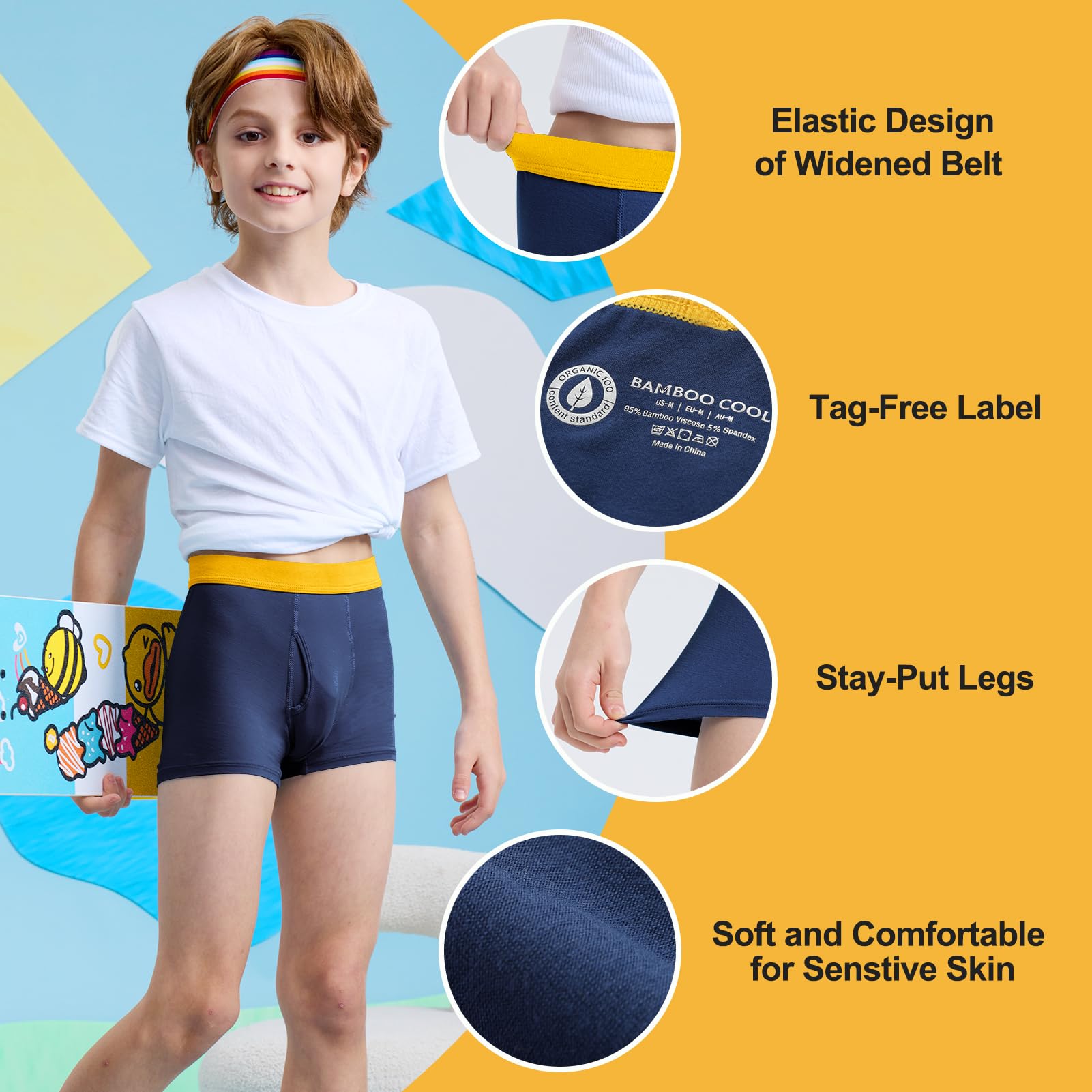 BAMBOO COOL Boys' Boxer Briefs 6-18Y Underwear Moisture-Wicking Lightweight and Ultra Soft 6-Pack