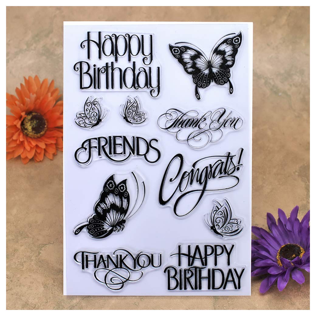 Kwan Crafts Happy Birthday Thank You Friends Butterfly Clear Stamps for Card Making Decoration and DIY Scrapbooking