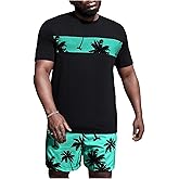 Floerns Men's 2 Piece Boho Outfit Tree Print Tee Shirt with Beach Shorts Set