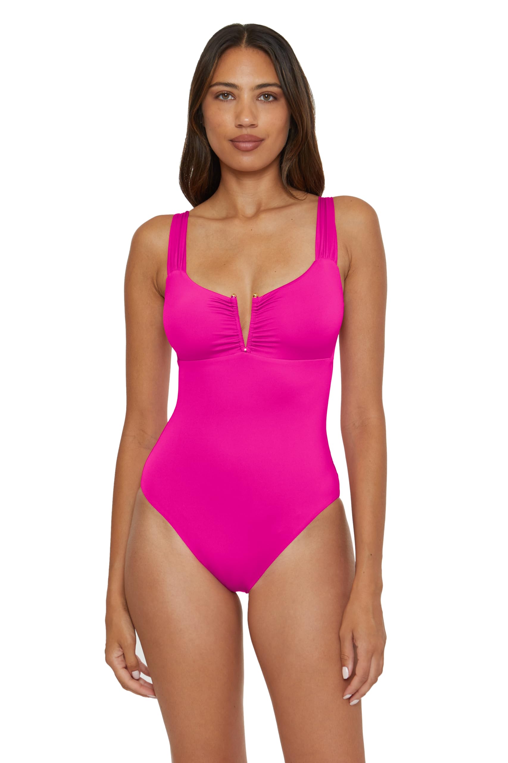 Photo 1 of BECCA Women's Standard Color Code V-Wire Shirred One Piece Swimsuit, Plunge Neck, Bathing Suits, Azalea
