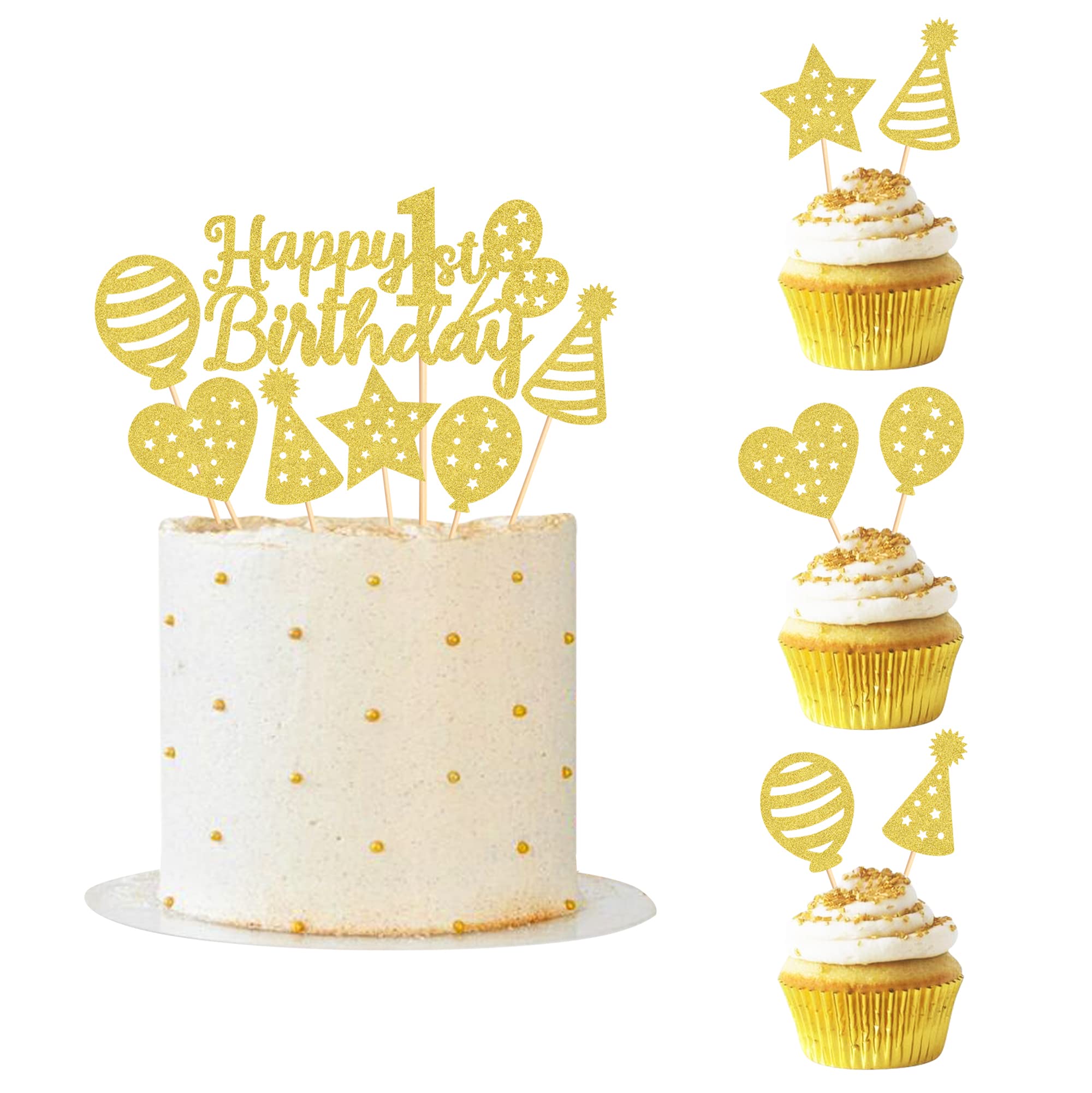 Blumomon 25Pcs Happy 1st Birthday Cake Toppers Assembled Gold Glitter Baby Boy Girl First Birthday Cake Decorations with Balloon Star Heart Cupcake Toppers for 1st Birthday Party Supplies