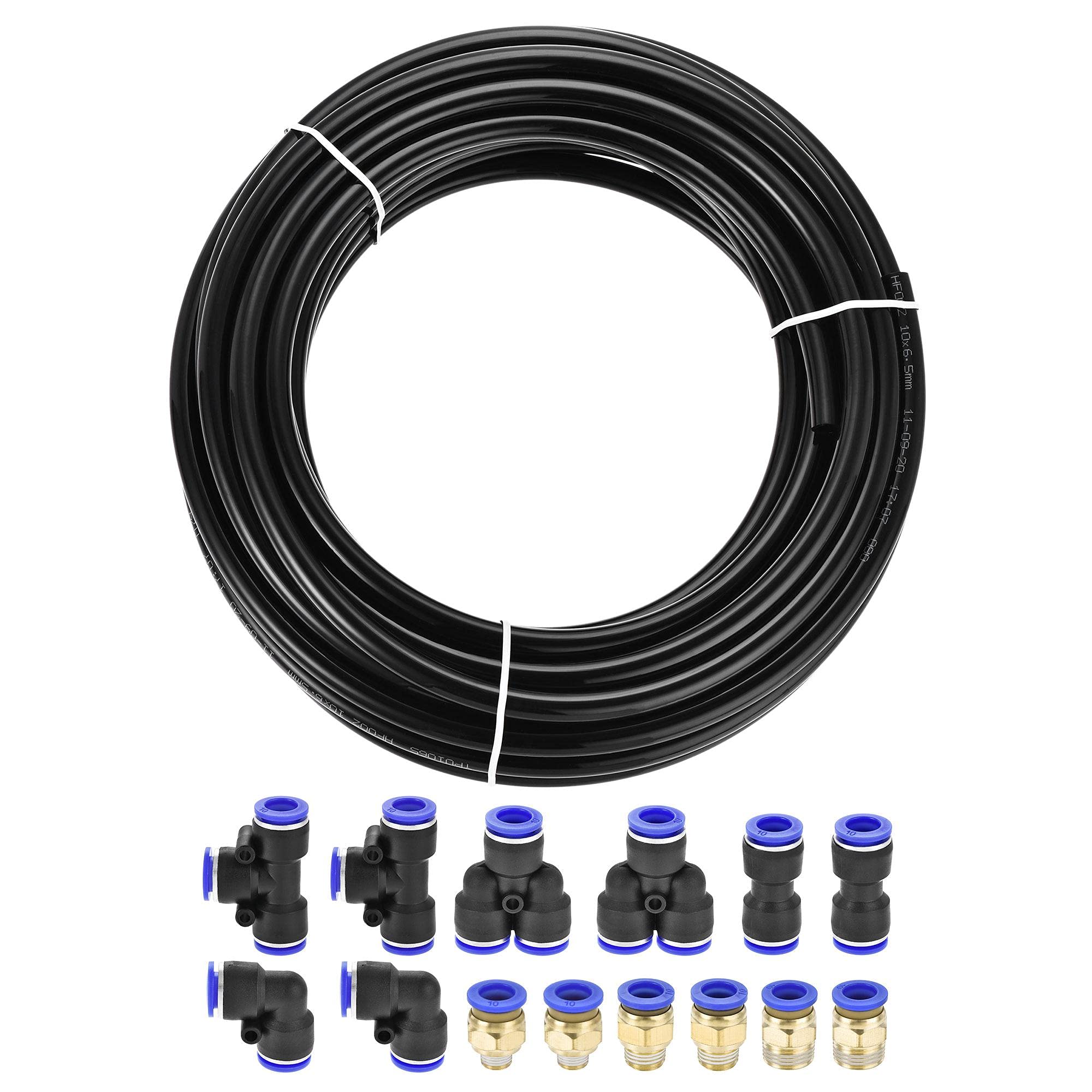 sourcing map Pneumatic 10mm OD Polyurethane PU Air Hose Tubing Kit 10 Meters Black with 14 Pcs Push to Connect Fittings