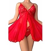 ssgrlvok Lace Lingerie for Women Babydoll V Neck Nightwear Sexy Chemise Nightie Mesh Sleepwear Floral Hem Sleepshirt