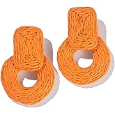 Statement Boho Rattan Dangle Earrings - Handmade Straw Wrap Summer Drop Dangling Earrings for Women