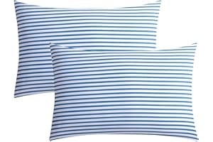 JELLYMONI 100% Natural Cotton Striped Standard Pillowcases Set, 2 Pack White and Blue Stripes Pattern Printed Pillow Covers with Envelope Closure(Pillows are not Included)