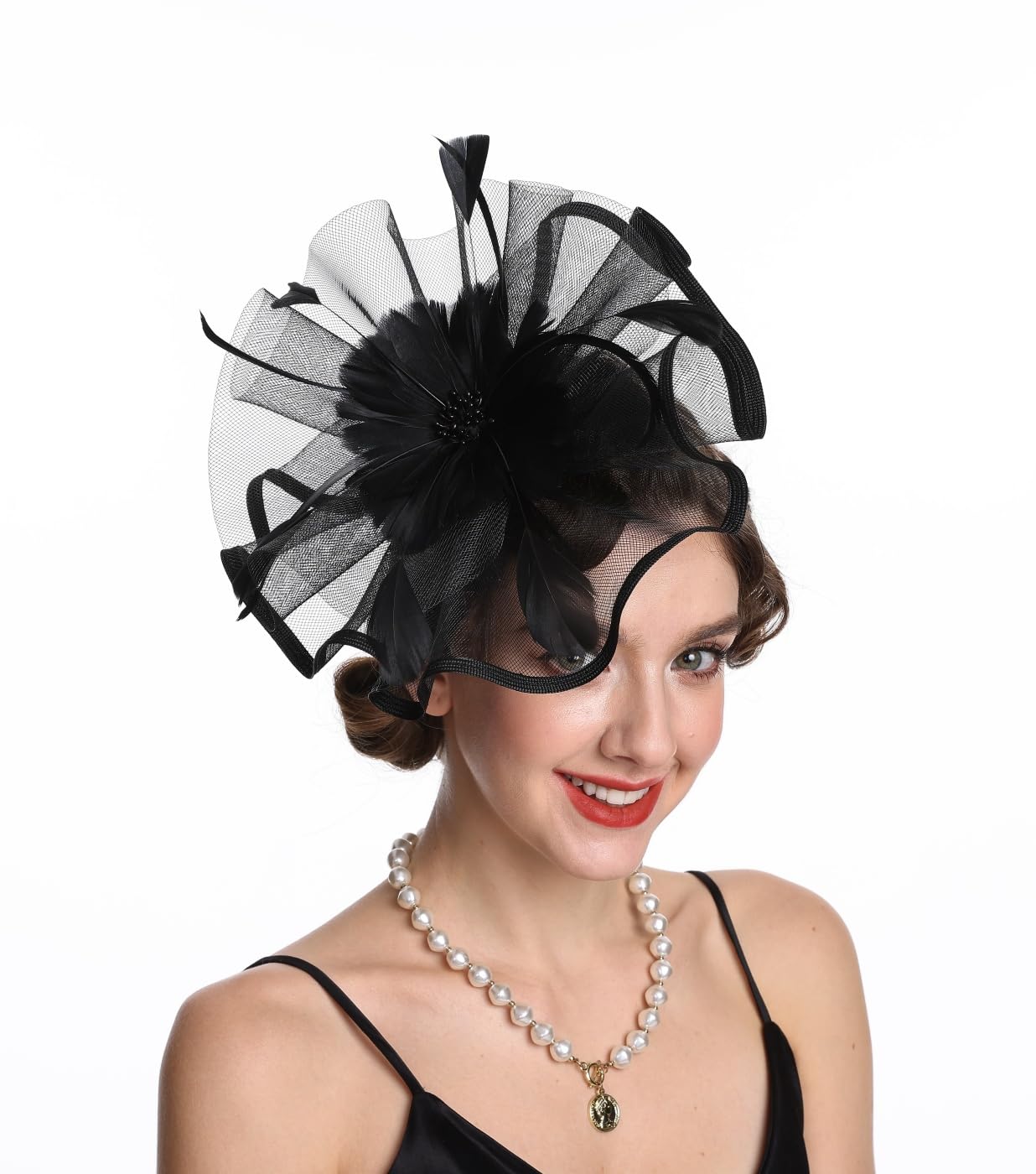 Fascinator Hat Feather Mesh Net Veil Party Hat Flower Derby Hat with Clip and Hairband for Women (A1-Large Black Mesh)
