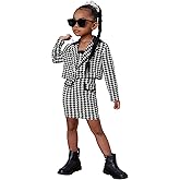 WDIRARA Girl's 2 Piece Outfits Houndstooth Print Double Button Long Sleeve Jacket and Cami Dress Set