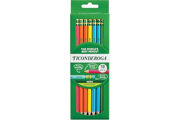 Ticonderoga Wood-Cased Pencils, Pre-Sharpened, 2 HB Soft, Neon Colors, 18 Count