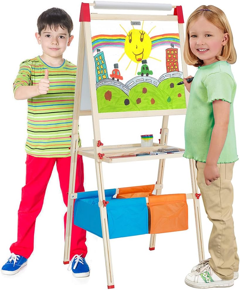 NEOWOWS 4 in 1 Wooden Giant Magnetic Art Easel Adjustable Deluxe Standing Easel with Chalkboard Dry-Erase Board Paper Roll Paper Binder Clip And Drawing Accessories