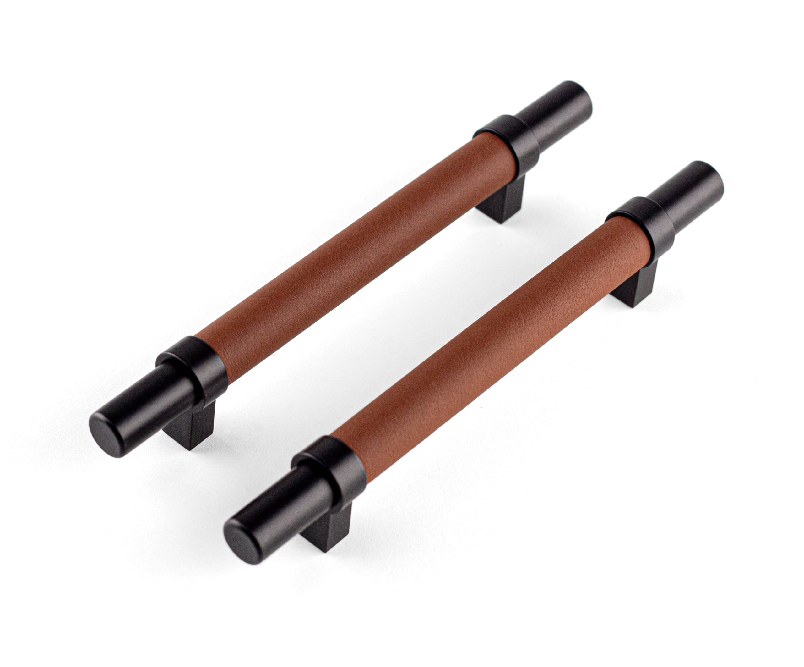 Brute Strength Furniture Handle - Steel & Full Grain Leather - 128mm Hole Spacing - Black & Brown - 4 Pieces - Cabinet Handles, Door Handles for Kitchen, Bathroom, Cabinet, Dresser, Wood