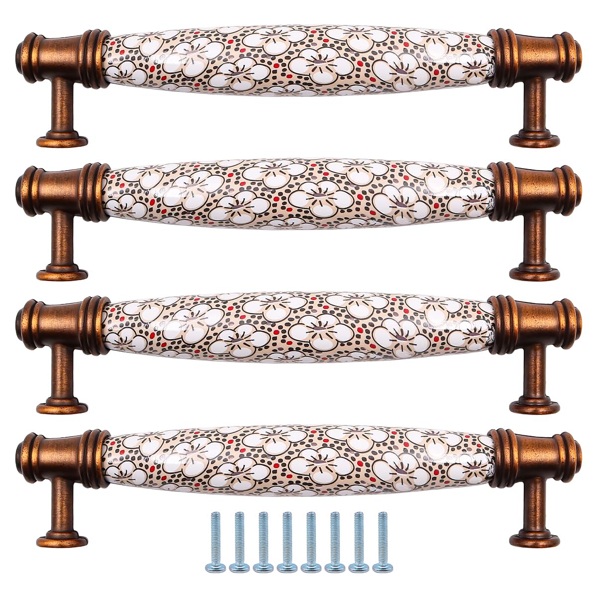 ZONADAH Set of 4 Traditional Drawer Cabinet Ceramics Handle, Hole Distance 128mm, Furniture Door Pull Handles, Antique Handle, Drawer, Door, Cupboards, Bathroom, Kitchen, Flower Pattern