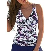 Firpearl Women's Underwire Tankini Top Only Tummy Control Bathing Suit V Neck Push Up Crossover Swimsuit Top