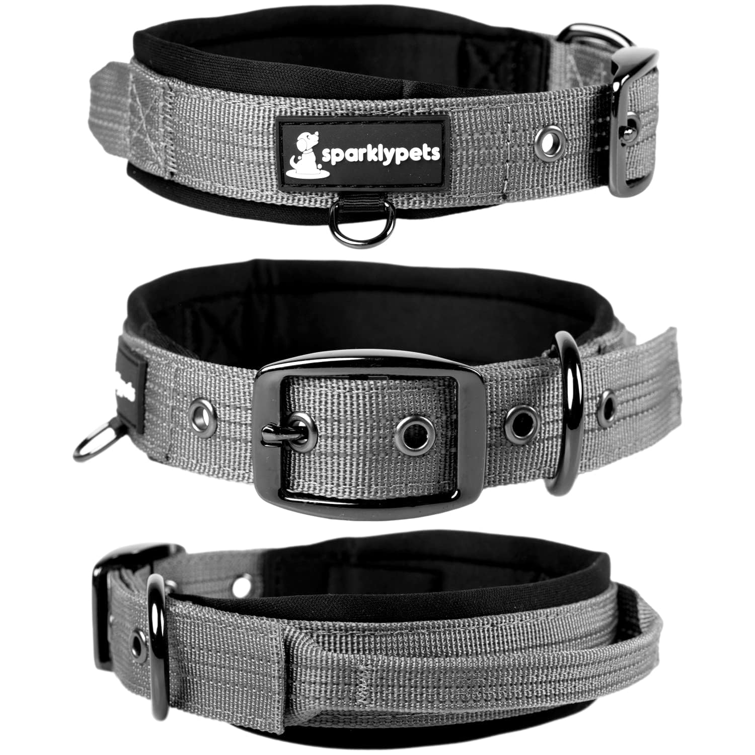 SparklyPets Heavy Duty Dog Collar with Handle for Medium and Large Dogs – Professional Collar with Reflective Stitches, Soft Handle & Nickel-Plated Buckle (Large (18"~22"), Gray)